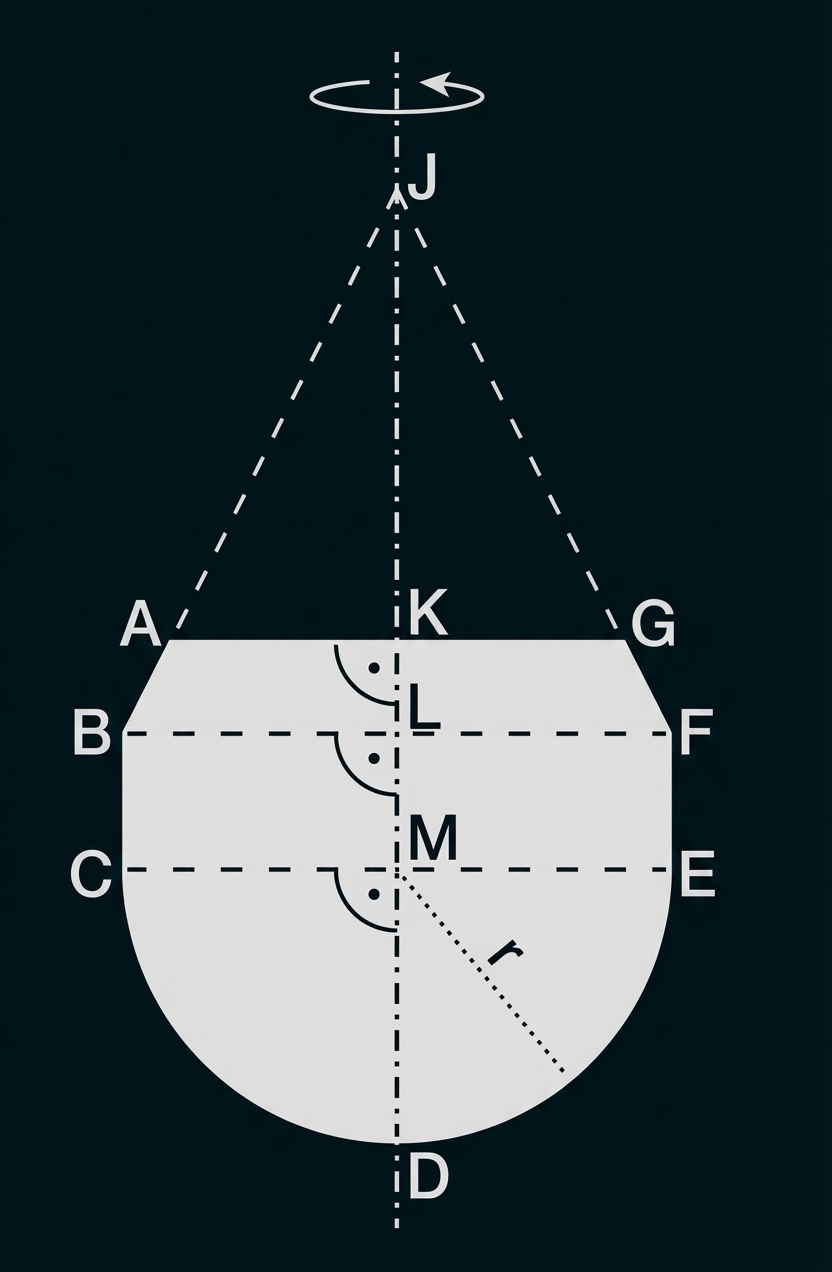 Geometrische Skizze eines rotationssymmetrischen Körpers mit Achse, Beschriftungen (A–G, K, L, M, J, D) und eingezeichnetem Radius r.